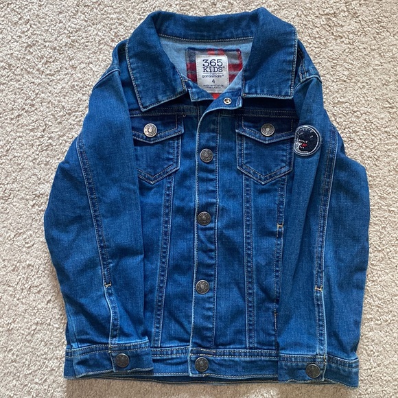 Like new 365 Kids Size 4 Cotton Button Up Denim Jacket With A Dinosaur Patch - Picture 1 of 8